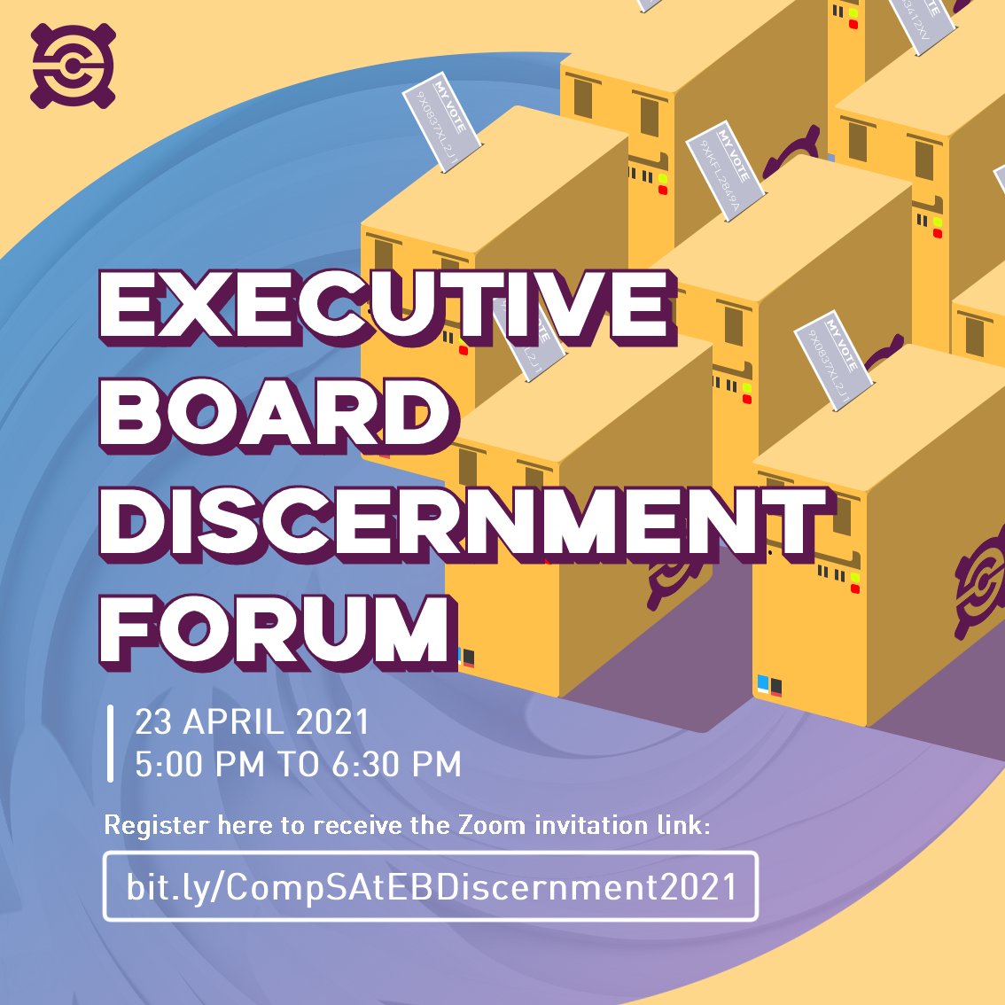 CompSAt's tweet photo. Thinking about applying for CompSAt’s Executive Board (EB)? Learn more about the EB at the EB Discernment Forum. The event will be held on Friday, 23 April 2021 from 5:00 PM to 6:30 PM. Register at https://t.co/2ZhdF6YquH to receive the Zoom invitation link. https://t.co/acZUeZQA5g