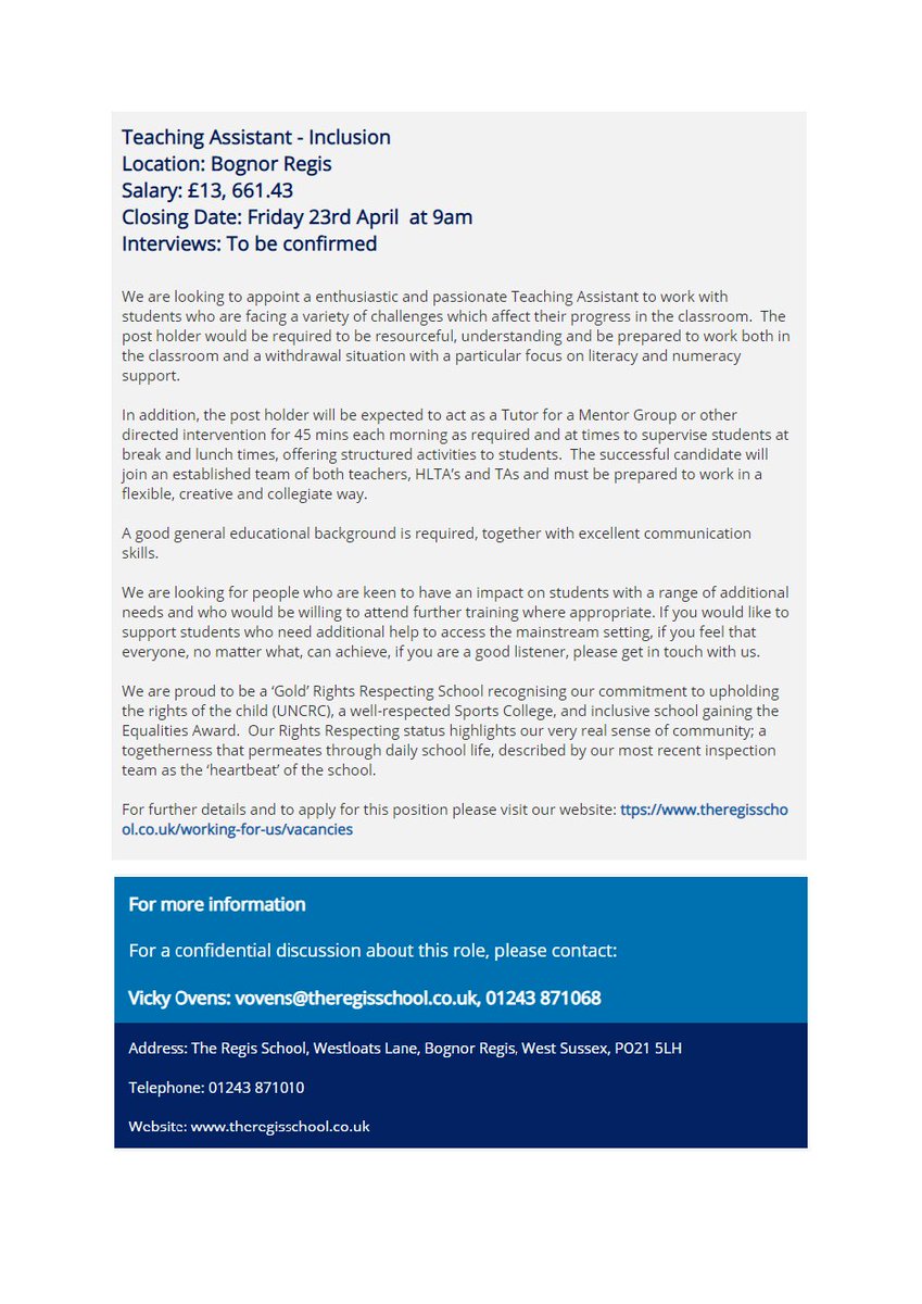 Teaching Assistant – Inclusion
For further details and to apply for this position please visit our website: theregisschool.co.uk/working-for-us…  
£13, 457.02 (actual salary per annum)   33.75 hours a week – term time only.      
Closing date: Friday 23rd April 2021 at 9am