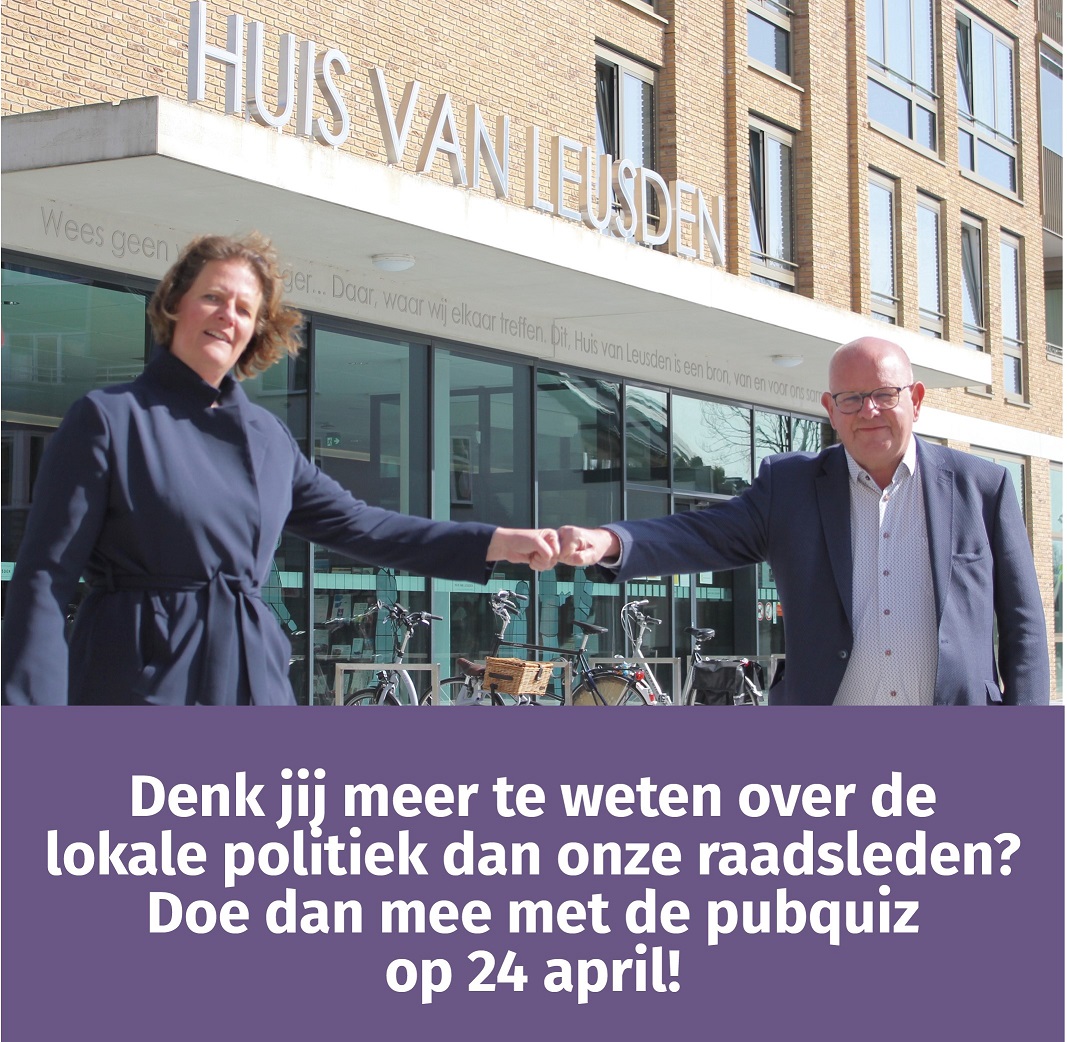 Nu is je kans! Hoe goed ken jij de lokale politiek? Doe mee met de pubquiz, 24 april, 20.30 uur. Aanmelden: politiekactief@leusden.nl