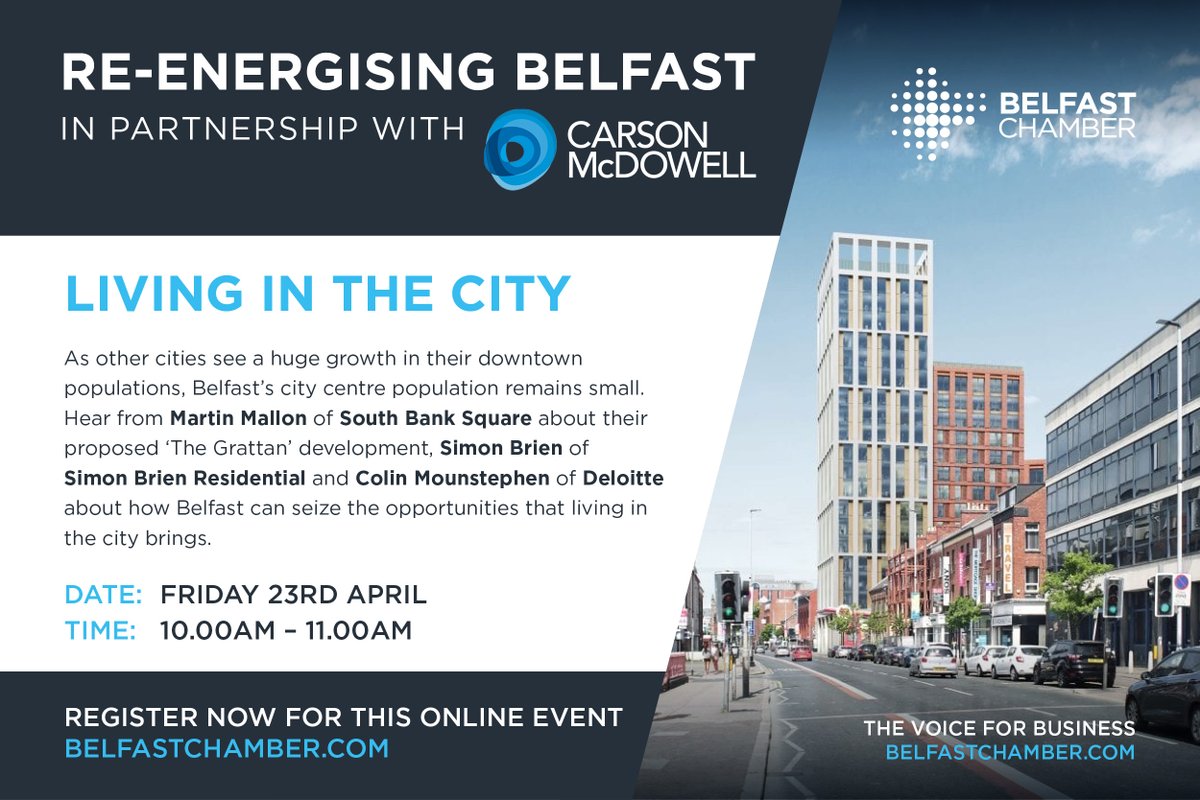 Don't forget to register for the 𝗟𝗶𝘃𝗶𝗻𝗴 𝗶𝗻 𝘁𝗵𝗲 𝗖𝗶𝘁𝘆 webinar on 23rd April 2021 which will explore how #Belfast can follow the example of other cities to increase city centre population. Click below to register now.⤵
lnkd.in/dQZQVNN
