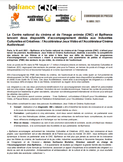 Les Industries Culturelles et Créatives (ICC), c'est 5% du PIB 🇫🇷 et 1,7 million d’emplois directs et indirects #FrenchTouch
 
<a href="/Bpifrance/">Bpifrance</a> et <a href="/LeCNC/">Le CNC</a> s’allient pour lancer les premiers Accélérateurs Jeux Vidéo et Cinéma Audiovisuel, destinés à la croissance de ces filières 🚀