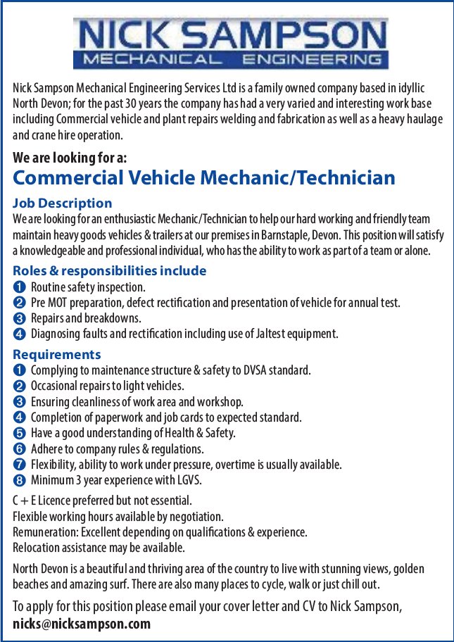 Nick Sampson Mechanical Engineering Services Ltd are looking for an enthusiastic Mechanic/Technician (North Devon). nicksampson.com/devon-mechanic… To apply contact nicks@nicksampson.com #ad
