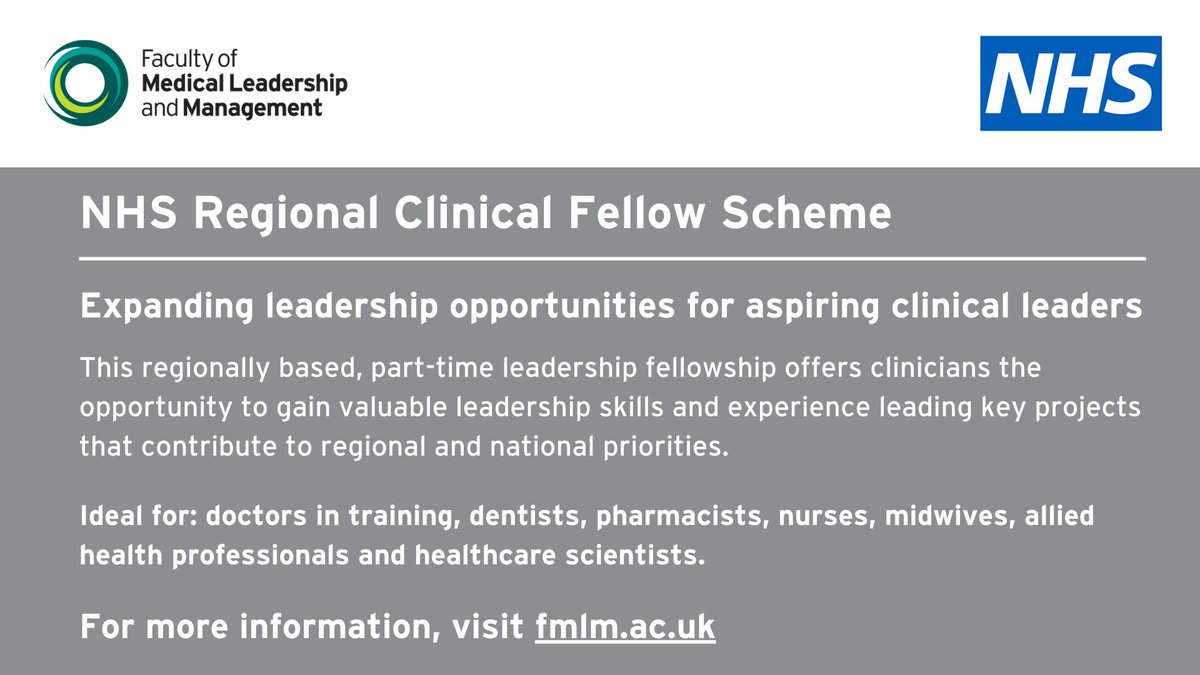 NHS Leadership Academy 💙 (@nhsleadership) on Twitter photo The <a href="/FMLM_UK/">Faculty of Medical Leadership and Management</a> #NHS Regional Clinical Fellow Scheme has launched!
A great opportunity for aspiring clinical leaders to gain the experience and skills to become future leaders. Find out more: ow.ly/Sdas50ErSq7 The <a href="/FMLM_UK/">Faculty of Medical Leadership and Management</a> #NHS Regional Clinical Fellow Scheme has launched!
A great opportunity for aspiring clinical leaders to gain the experience and skills to become future leaders. Find out more: ow.ly/Sdas50ErSq7