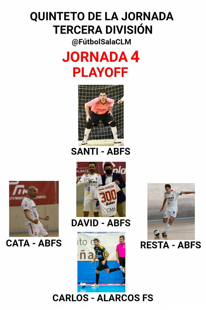 FutbolSalaCLM's tweet photo. Ya conocemos el QUINTETO DE LA CUARTA JORNADA en TERCERA DIVISIÓN:
- Santi @albaceteFSala 
- David @albaceteFSala 
- Resta @albaceteFSala 
- Cata @albaceteFSala 
- Carlos @AlarcosFS 

* Fotos: @albaceteFSala y @aurecape https://t.co/dxwmcnUzBd