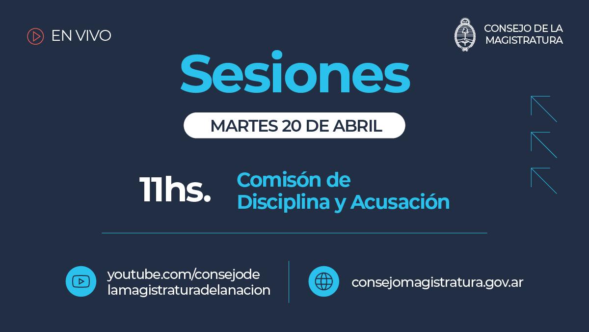 cmagistratura's tweet photo. Reunión de la Comisión de Disciplina y Acusación. 
🗓20 de abril
⏰11 hs.
¡Seguí la transmisión en vivo!

@DiegoMolea
@Aalugones
@gustarroz @Vsiley @GracielaCamano @PabloTonelli @pilattivergara @giacopposilvia @marianorecalde @CM_Matterson @dsmarias  @juanculotta https://t.co/r0vlLDK7sh