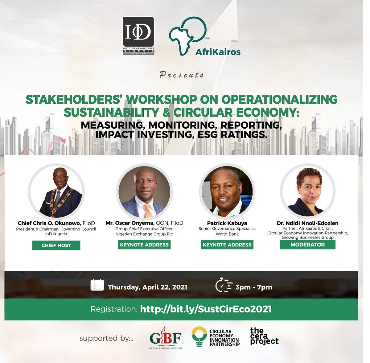We can't wait; to gain insight on board practice of sustainability reporting: lessons from domestic and international perspectives 
Join Us, Thursday, April 22, 2021
Time: 3pm-7pm
Register to attend: buff.ly/3uXS9Wx
#Sustainability #IoDNigeria
