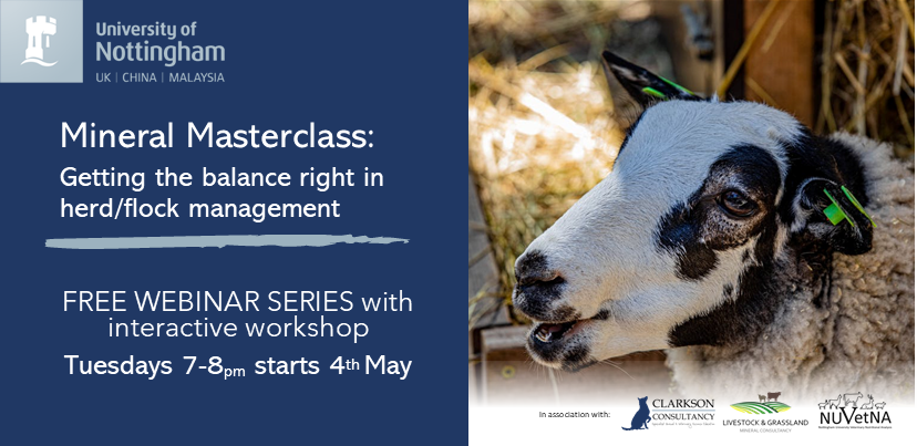 Have you ever suspected an on-farm mineral problem without knowing how to resolve it?
Join us for a FREE webinar and workshop series and add confidence with minerals to your on-farm toolkit.
Register &amp; find out more here:
nottingham.ac.uk/vet/study-with…