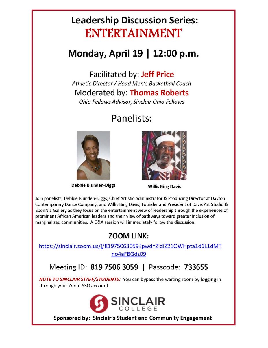 Coach Price (@ncaacoachprice) on Twitter photo Join me today at Noon
Leadership Discussion: Arts & Entertainment
<a href="/SinclairEngage/">Student & Community Engagement</a> <a href="/SinclairCC/">Sinclair College</a>
<a href="/DCDCLive/">DCDC</a>
#SinclairSuccess #Leadership #Diversity #Inclusion Join me today at Noon
Leadership Discussion: Arts & Entertainment
<a href="/SinclairEngage/">Student & Community Engagement</a> <a href="/SinclairCC/">Sinclair College</a>
<a href="/DCDCLive/">DCDC</a>
#SinclairSuccess #Leadership #Diversity #Inclusion