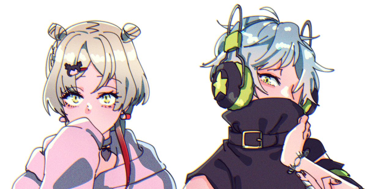 headphones 1girl yellow eyes double bun hair bun jewelry blue hair  illustration images