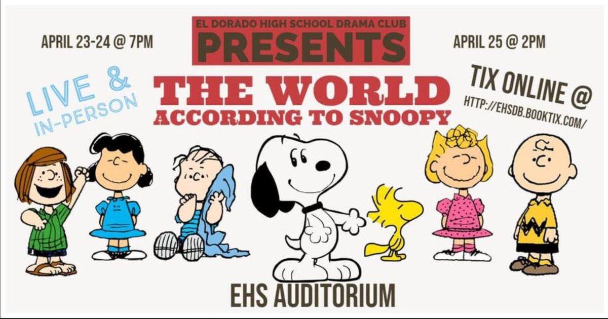 EHS Drama Club Presents The World According to Snoopy! There will be a limited number of tickets available so that social distancing can be maintained. Tickets can be purchased online: ehsdb.booktix.com

April 23 &amp; 24 at 7:00 PM
April 25 at 2:00 PM
in the EHS Auditorium