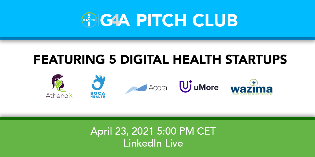 We have chosen the five participating start-ups for this week’s upcoming #G4APitchClub. Please welcome @_AthenaX_, @Boca_Health, Acorai, @uMoreAi, @WazimaHealth. We are excited to hear more about these entrepreneurs’ motivation and challenges. 👉linkedin.com/events/g4apitc…