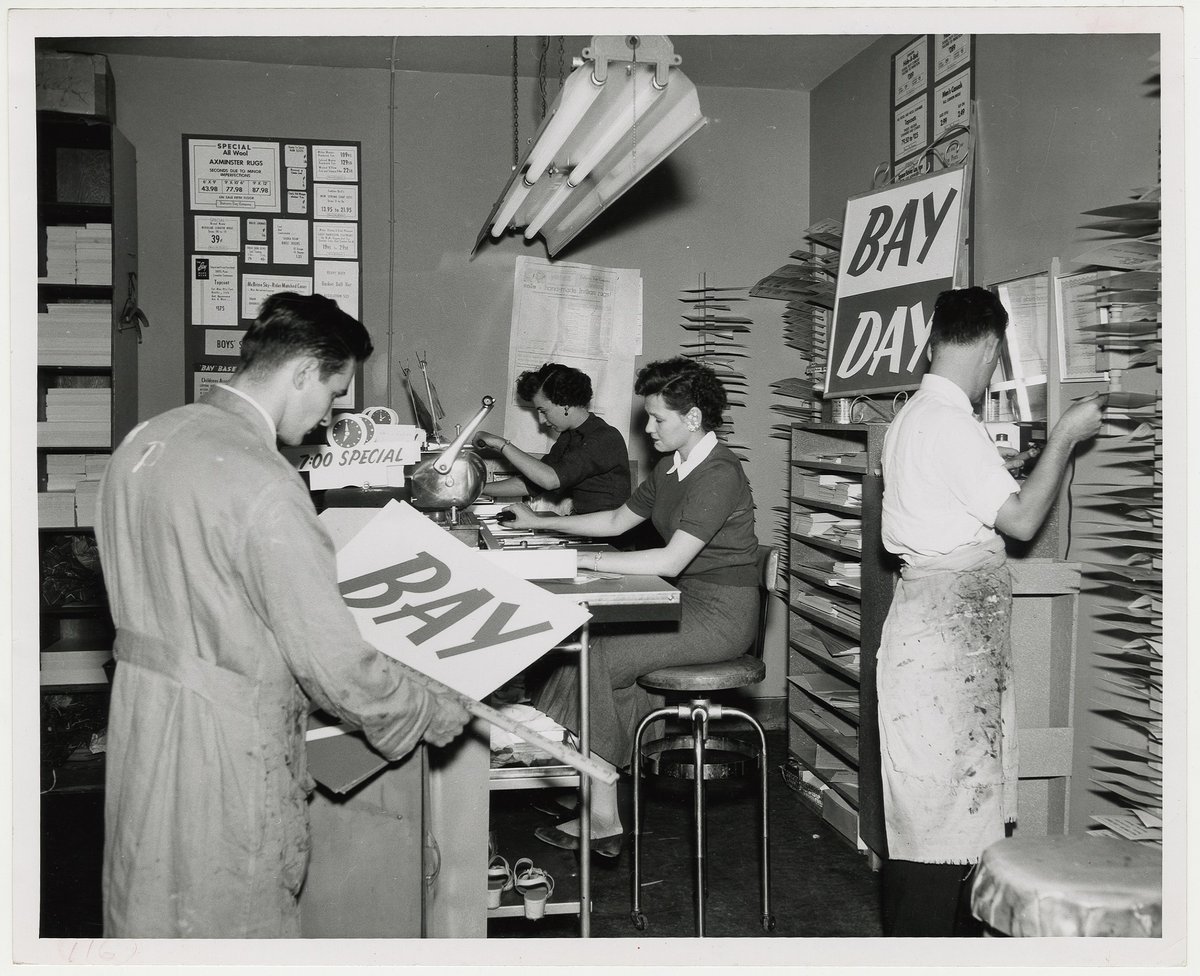 MBGovArchives's tweet image. “Bay Day Preparations – Paint Box Brigade: Card-writing is done in one section of the store’s display department.  Each item from the flyer must be carded with correct price and information.” Fall, 1957. #HBCArchives #HBCArchives bit.ly/3ak5T5Z