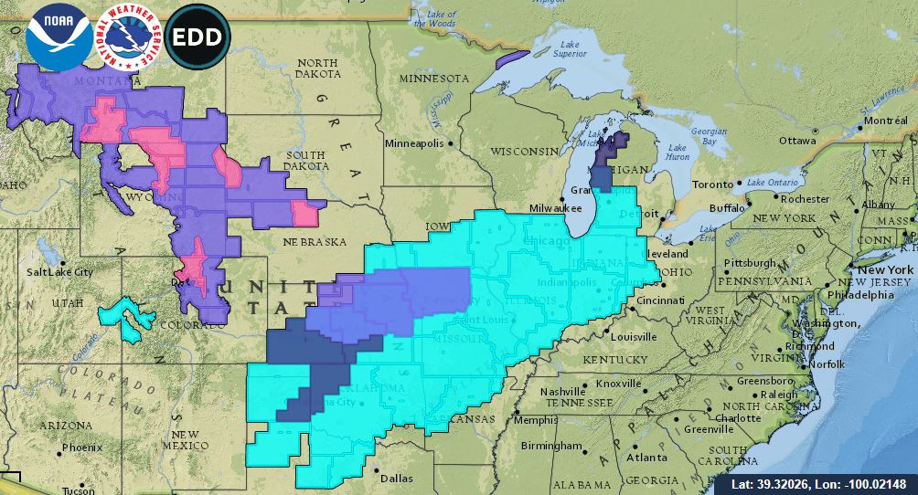 NWS's tweet image. A cold front heading south through the central U.S. packs a punch this week, bringing sub-freezing overnight temperatures all the way into south Texas by Wed morning.  snow is likely, especially in the Rockies, along with Freeze watches and warnings for any early plantings.