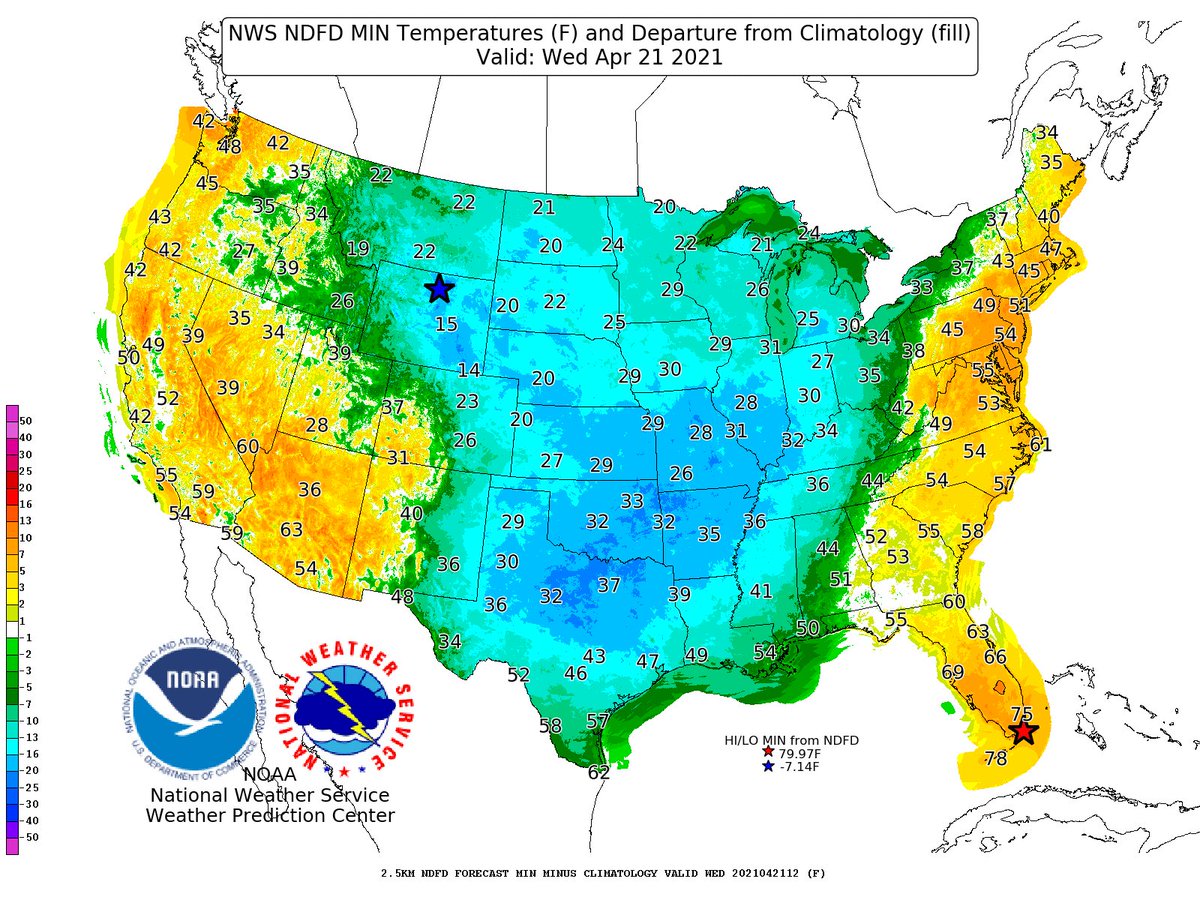 NWS's tweet image. A cold front heading south through the central U.S. packs a punch this week, bringing sub-freezing overnight temperatures all the way into south Texas by Wed morning.  snow is likely, especially in the Rockies, along with Freeze watches and warnings for any early plantings.