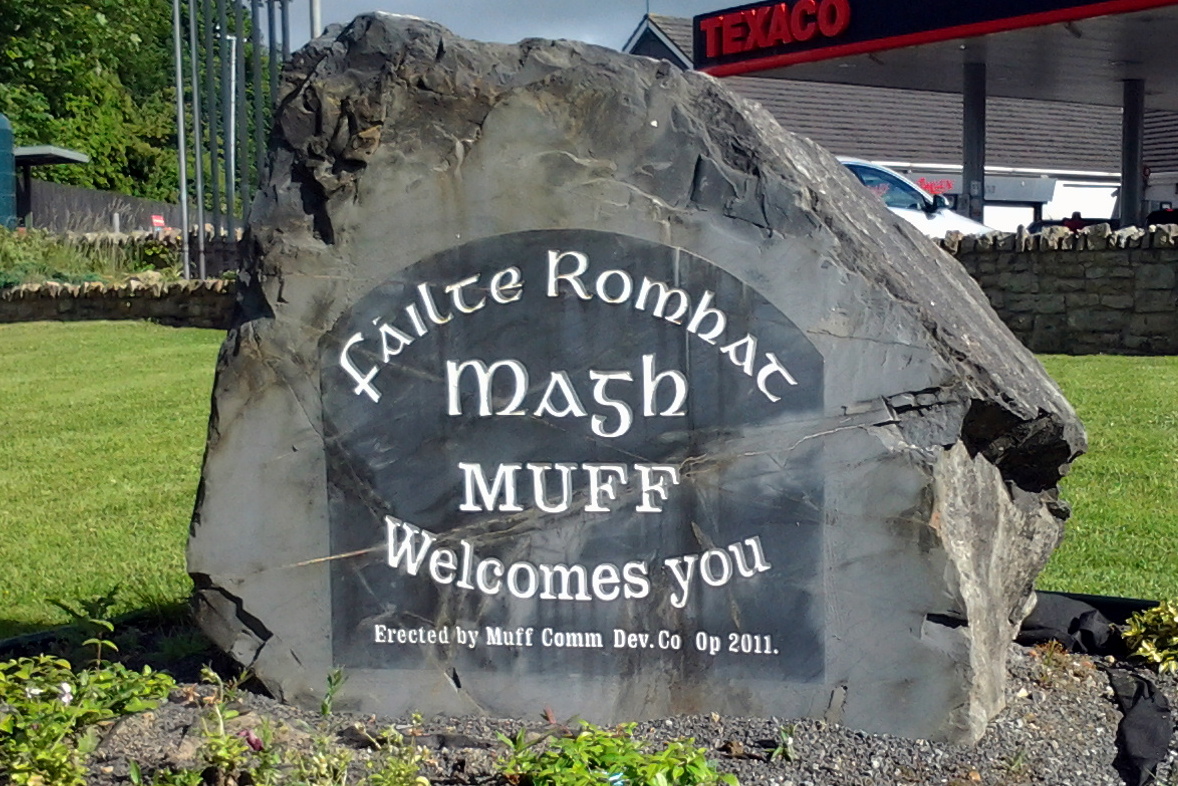 The original name of the village of Eglinton was Muff (An Mhagh ‘the plain’) from the townland in which it is situated on the east bank of the Muff River. It was changed to Eglinton in 1858. Anglicisation of Magh to Muff is relatively uncommon, but also appears in Co. Donegal
