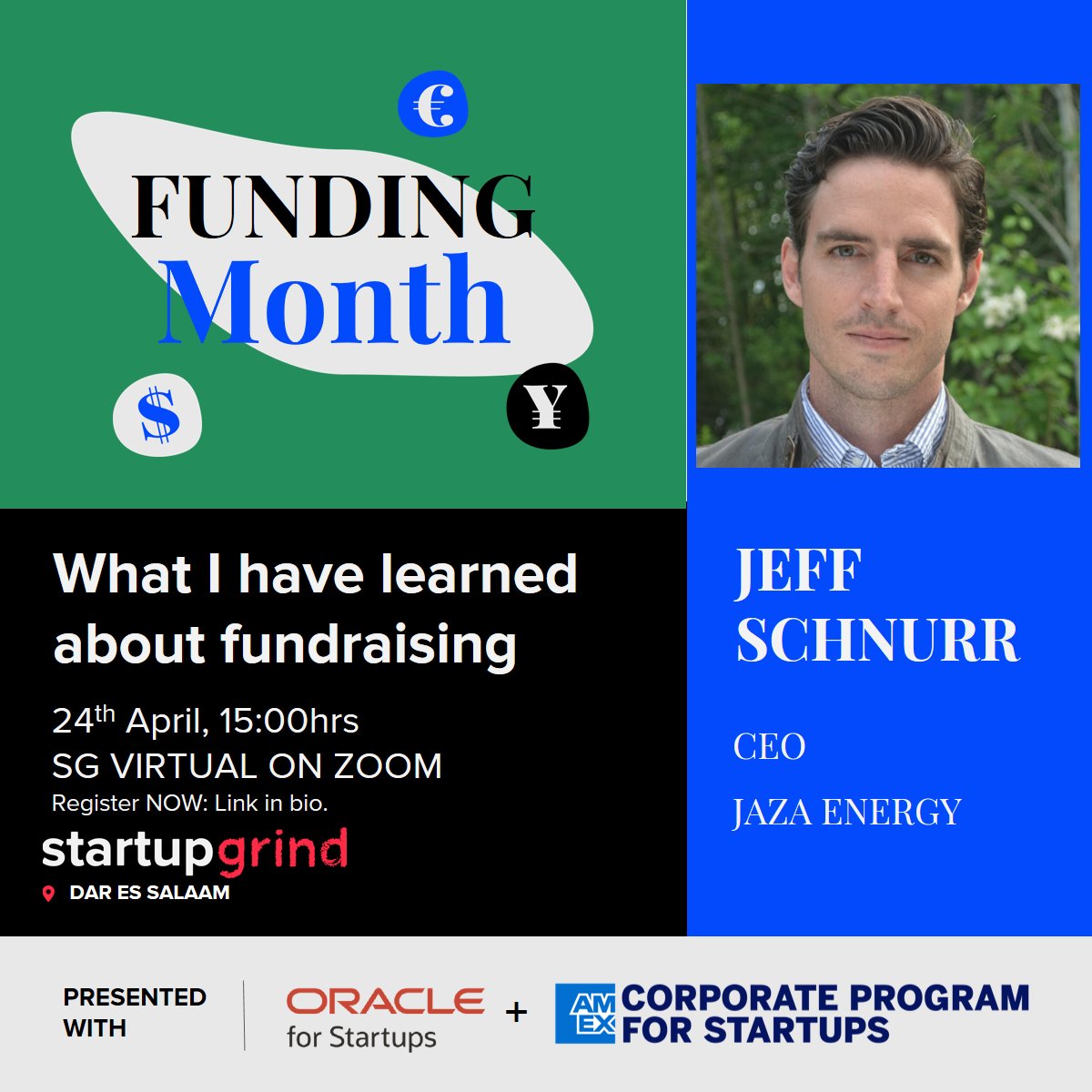 Up next this April #fundingmonth. We are hosting <a href="/jeff_schnurr/">Jeff Schnurr</a> of <a href="/JazaEnergy/">Jaza</a> a solar battery swap company lighting up last mile communities with hubs in Kigoma, Mtwara &amp; Pemba are run by an all rural women team!
Register: startupgrind.com/events/details…