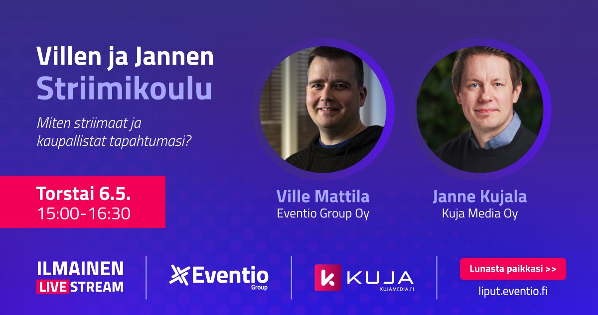 Oletko miettinyt tapahtumien viemistä verkkoon, mutta et vielä tiedä, miten #striimaus ja #lipunmyynti aloitetaan?
Tule kuulolle 6.5.! Jaamme #striimikoulu'ssa vinkit striimin toteuttamiseksi, ja opastamme lipunmyynnin aloittamisessa.
Ilmoittaudu: liput.eventio.fi/events/60790c0…