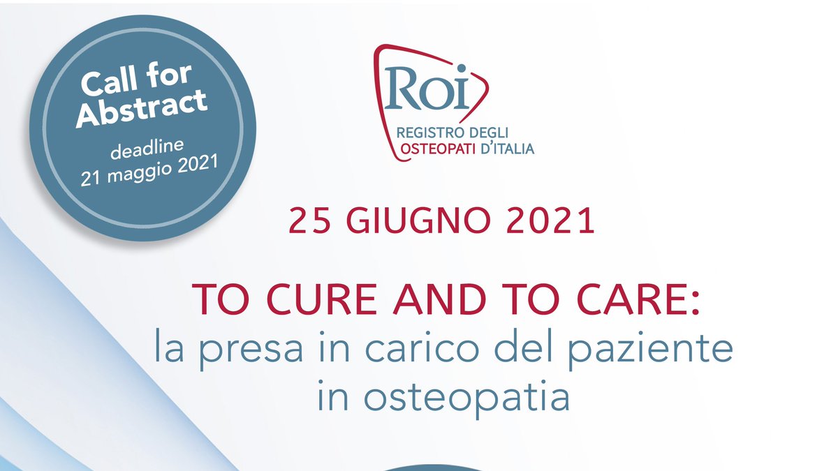 📌Call for Abstract!
Anche tu puoi contribuire con il tuo lavoro scientifico alla VI edizione del #CongressoROI2021.
Partecipa alla #CallForAbstract e invia il tuo lavoro entro il 21 maggio 
registro-osteopati-italia.com/call-for-abstr…
#osteopatia #osteopati #sociroi
