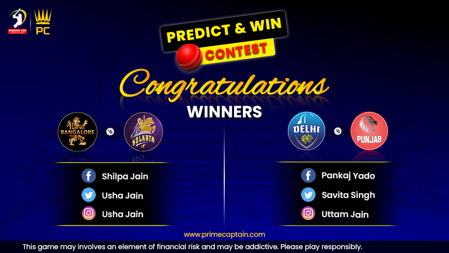 PrimeCaptain1's tweet photo. Congratulations To The Winners of Predict and Win Contest of the #RCBvsKKR and #DCvsPBKS match.
.
Participate in the contest and win free entry in a mega contest of pool prize 2 Lakh.
.
https://t.co/Xi0kB5osQW
#PrimeCaptain #IndianT20League #PrimeWinner #IPL2021 #PCPL https://t.co/Q2zRGIgPFz