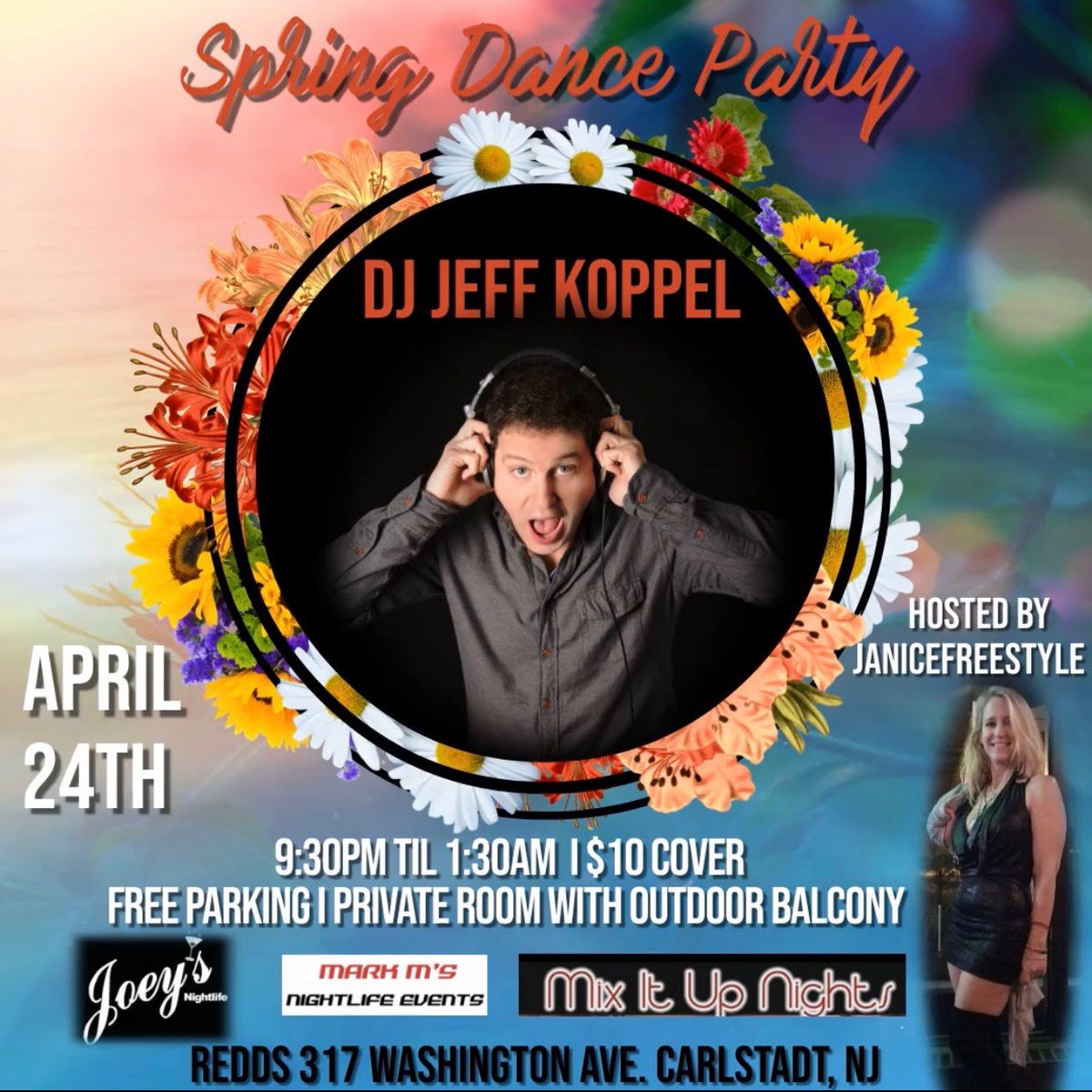 SPRING DANCE PARTY 
#Music by
DJ JEFF KOPPEL 🎧 
THIS SATURDAY 4/24/21 
9:30PM-1:30AM

Private Room 😃 With Outdoor Patio 😎$10 Admission &amp; Free Parking 🚘 

Redds Redd's Bar and Restaurant
317 Washington Ave
Carlstadt NJ 07072