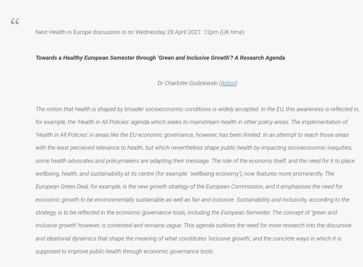 At the next #HealthinEurope Wed 28 April 12pm (UK) we welcome @DrCGodziewski to talk about #EuropeanSemester #HealthinAllPolicies #EuropeanGreenDeal #Sustainability #Inclusivity #economicgovernance! Email m.guy2@lancaster.ac.uk to join us!