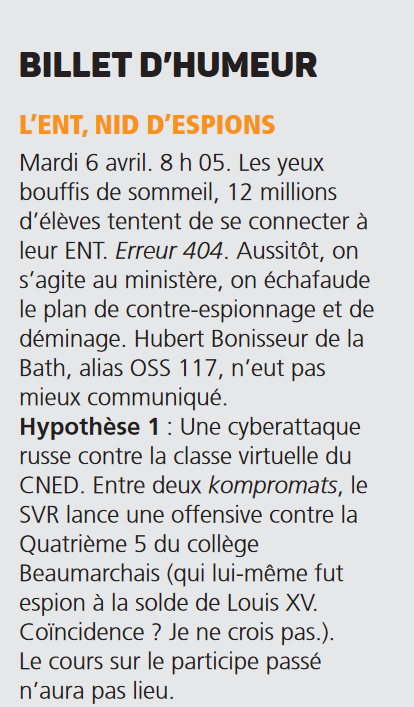 MarieLaureGB's tweet image. "Entre deux kompromats, le SVR lance une offensive contre la Quatrième 5 du collège Beaumarchais" 🕵️‍♂️
Hilarant et effarant retour sur le fiasco de l'#EcoleADistance. #BlanquerBug #OnEstPrêt 
Par @Oferrugineuse dans le dernier US Mag snes.edu/publications/l…