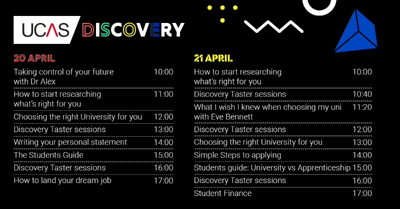 ucas_online's tweet photo. Your future starts at a UCAS/Discovery day...

We've got a fantastic line up to help you explore your options so don't miss out, book your place now!