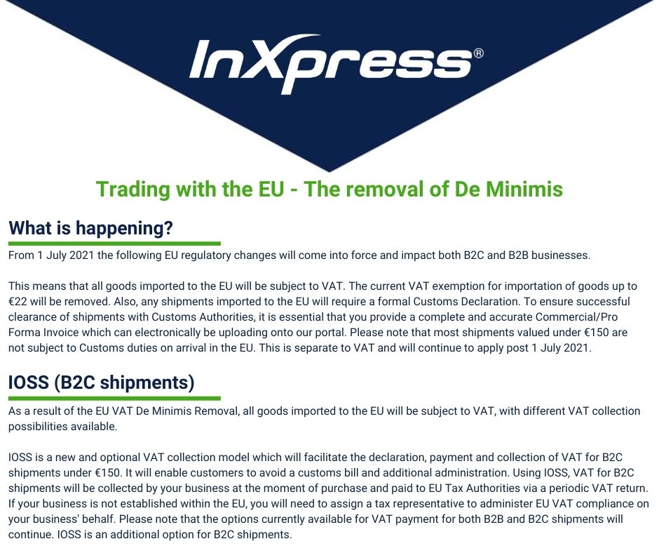 InXpressSwindon's tweet image. The next EU regulatory change will be the removal of the current €22 De Minimis on July 1st for shipments sent to the EU. 

This will impact both B2C and B2B businesses. 

For more information, please contact us or see: ow.ly/XTQY50EpiSv