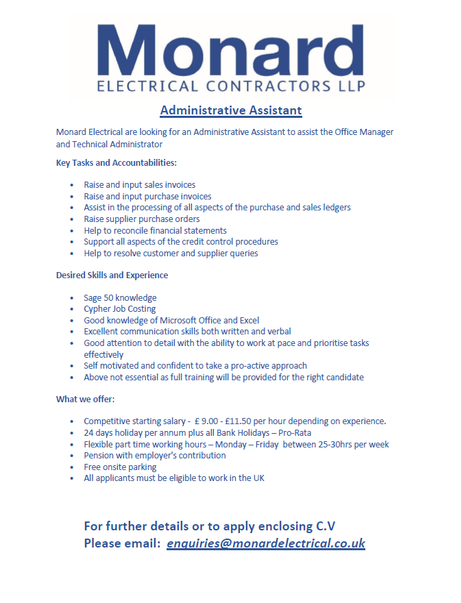 Job opportunity
Please see the attached information outlining the roles and responsibilities, including starting salary. If you have any interest in joining our office team then please get in contact. enquiries@monardelectrical.co.uk
#jobs #hiring #recruiting #employment  #oxford
