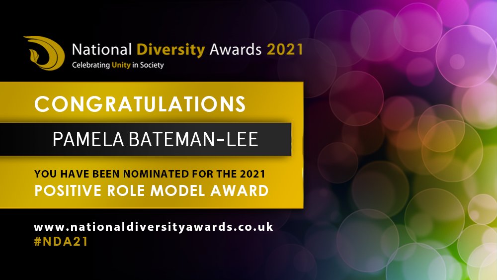 ndawards's tweet photo. Congratulations to Pamela Bateman-Lee @Spyboy008 who has been nominated for the Positive Role Model (Disability) Award at The National Diversity Awards 2021. To vote please visit https://t.co/1wImKK7MFx #NDA21 #Nominate #VotingNowOpen https://t.co/S9PLLdKfxJ