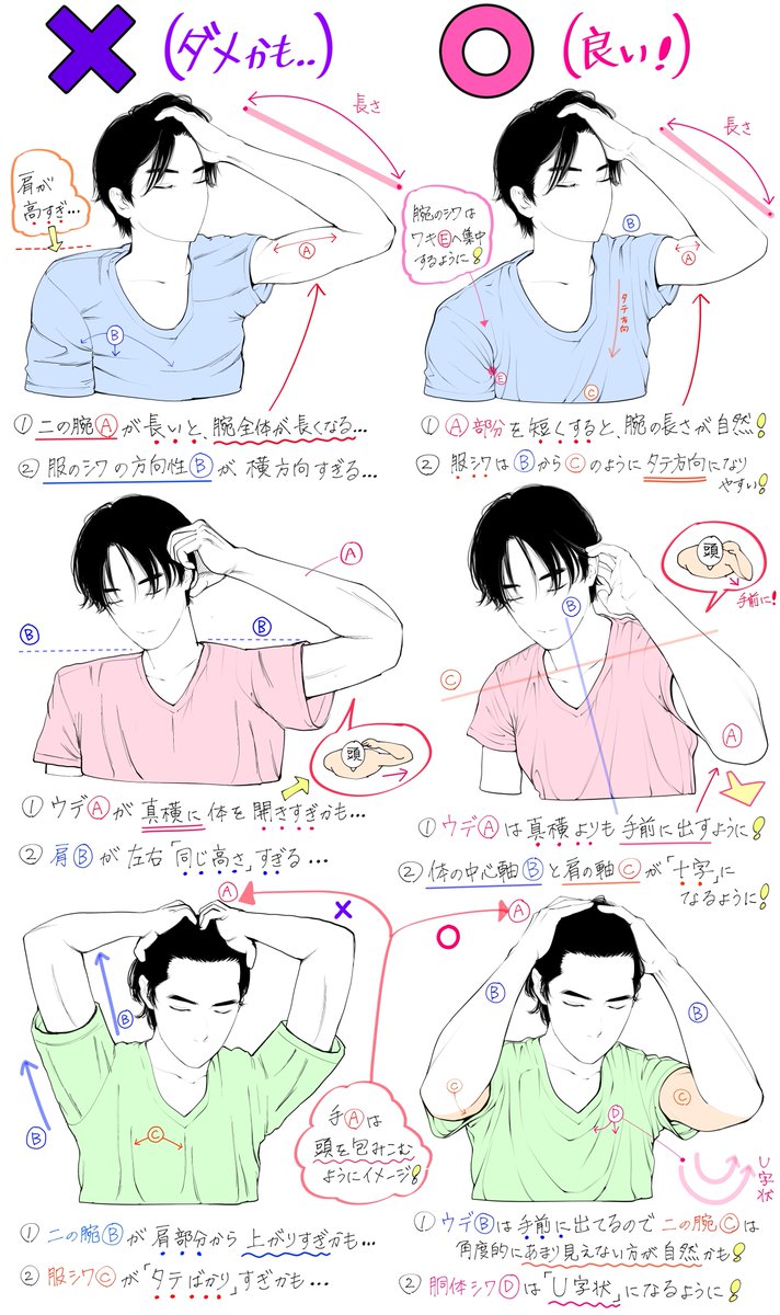 【髪をかきあげるポーズの描き方】

「腕の傾きと体デッサン」が上達する

「ダメかも❌」と「良いかも⭕️」 