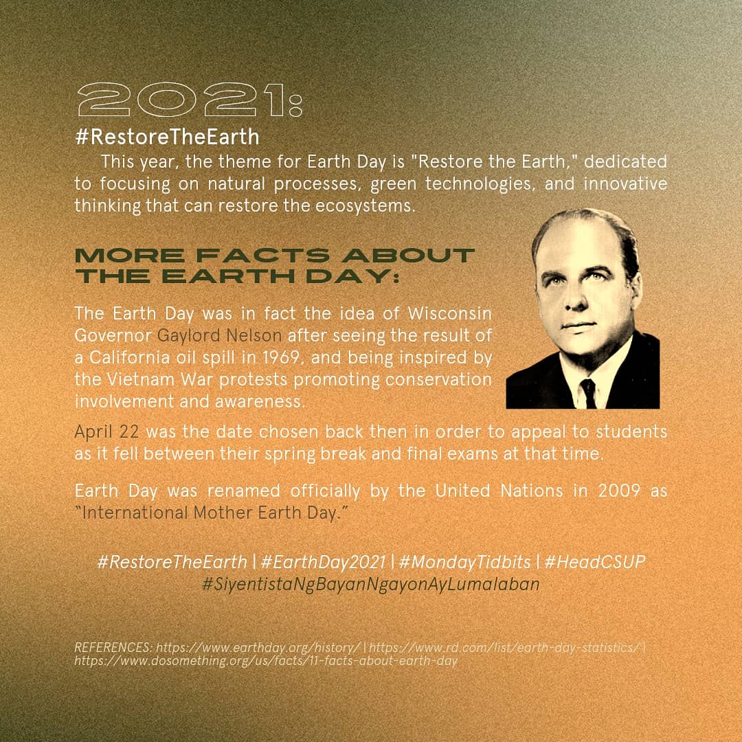updcsfstc's tweet photo. Technically, every day is earth day. But the 22nd day of April is renowned as the day it is celebrated annually.
In this issue of #MondayTidbits, know some facts about this global environmental movement that since then have aimed to protect and #RestoreTheEarth. https://t.co/Mzg0krCoQB