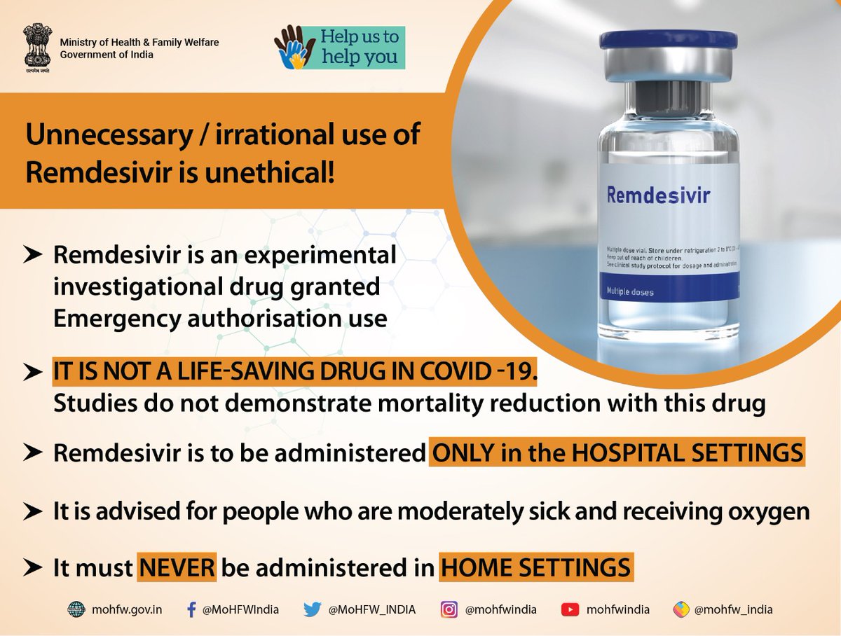 Remdesivir is not a life saving drug in #COVID19. It is to be administered only in the hospital settings.

#Unite2FightCorona