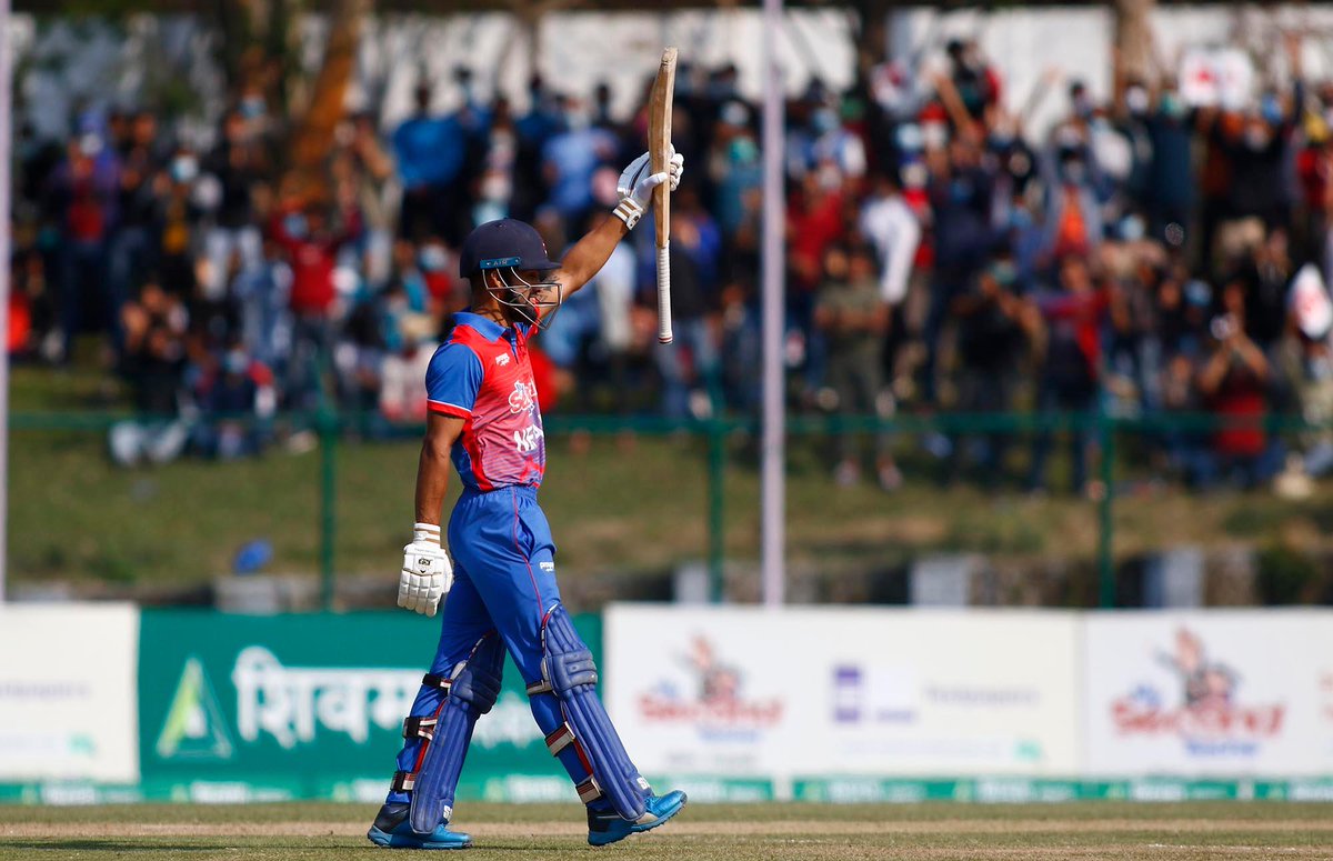 ICC's tweet photo. Kushal Bhurtel's unbeaten 61 and Aasif Sheikh's quick 29-ball 42 guided Nepal to a nine-wicket win over Malaysia in the third tri-series T20I.

🇳🇵 Karan KC starred with the ball, returning 3/17 👏 

📸 @CricketNep https://t.co/Y0OaH5EFK5