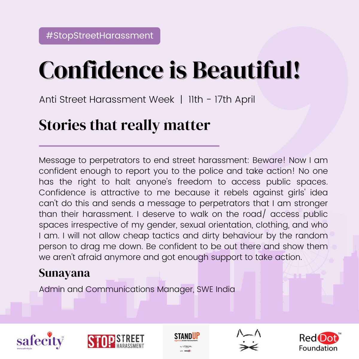 TheSafecityApp's tweet photo. @dsunayanareddy Join our campaign on International Anti Street Harassment campaign.

#endSH #AntiSHWeek #StopStreetHarassment https://t.co/dFfJ4sd7Vs