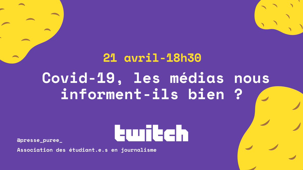 Presse_Puree_'s tweet photo. 🎈 Covid-19, les médias nous informent-ils bien ?
⁉️ On en discute ensemble en stream sur Twitch avec @GuillaumeRozier, @eorphelin de @CovidTracker_  et Catherine Hill, épidémiologiste 
📆 Mercredi 21 avril, 18h30 
📣 On attend vos questions !
#Covid #Media https://t.co/HuLfPKT7HM