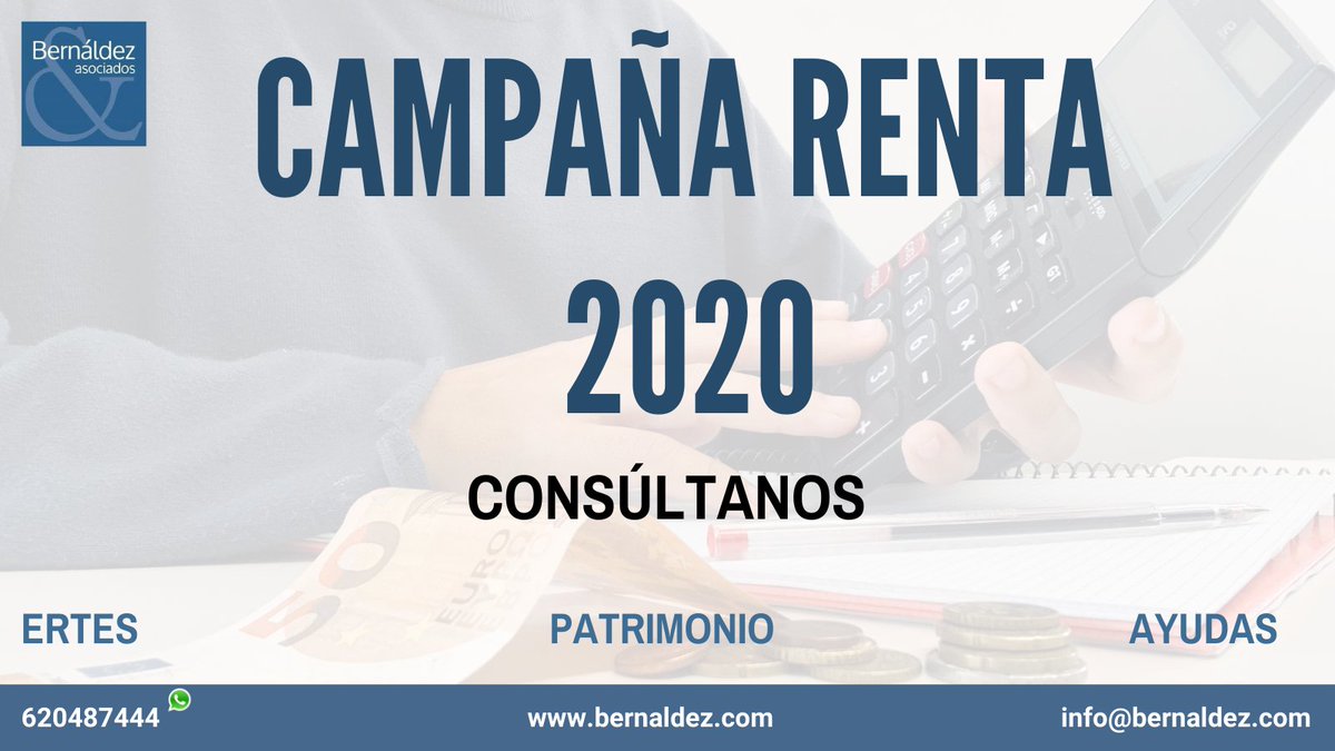 CAMPAÑA RENTA 2020
👉 Consúltanos 

#Asesoria #DeclaracionDeLaRenta #Renta2020 #irpf #Ertes #Ayudas #Barcelona #Madrid #BernaldezyAsociados