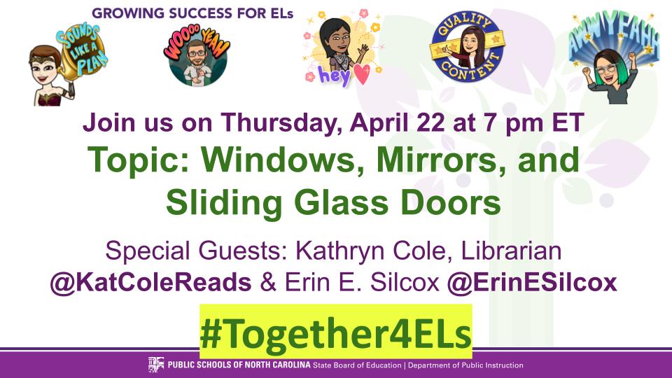 NCDPI MLs (@ncdpi_mls) on Twitter photo This week!! Join the #Together4ELs team on Thursday at 7 pm ET. Special guests: <a href="/KatColeReads/">Kathryn Cole</a> & <a href="/ErinESilcox/">Erin E Silcox she | her | hers</a> - The team will discuss ways to help English Learners feel safe sharing their stories! Join, learn, and share!!! This week!! Join the #Together4ELs team on Thursday at 7 pm ET. Special guests: <a href="/KatColeReads/">Kathryn Cole</a> & <a href="/ErinESilcox/">Erin E Silcox she | her | hers</a> - The team will discuss ways to help English Learners feel safe sharing their stories! Join, learn, and share!!!