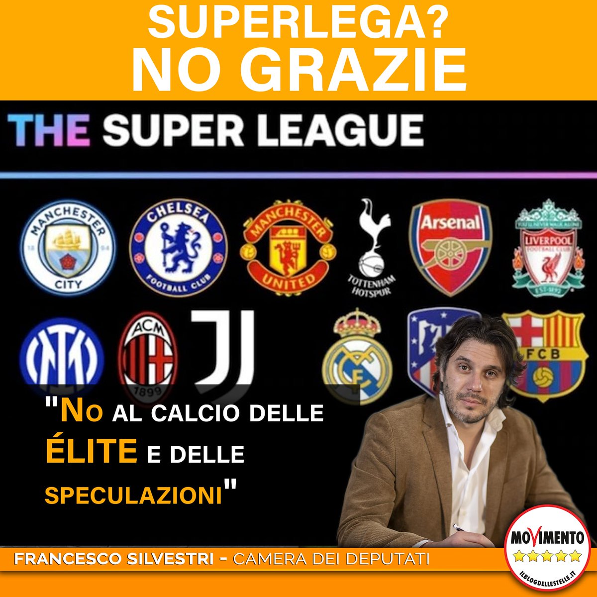 FraSilvestriM5S's tweet photo. La nuova #Superleague, con un golpe notturno, vuole istituzionalizzare un calcio elitario per soli scopi speculativi. Un tentativo vergognoso di estromettere lo spirito del calcio. Il calcio è di chi lo ama. 
Il mio è un #SuperNO
#UEFA  #Nosuperlega https://t.co/ijszSjD7t4