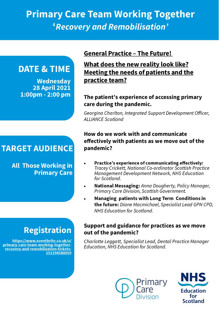 NES GPN (@gpnnes) on Twitter photo NHS Education for Scotland and the Primary Care Division are proud to announce a new webinar series!
'Primary Care Team Working Together - Recovery and Remobilisation'
First session - 28 April 2021 @ 1pm
Reg 👇👇
eventbrite.co.uk/e/primary-care…
<a href="/CPDConnect/">NHS CPDConnect</a> <a href="/NESnmahp/">NESnmahp</a> <a href="/DuffFiona/">#hellomynameisfiona</a> NHS Education for Scotland and the Primary Care Division are proud to announce a new webinar series!
'Primary Care Team Working Together - Recovery and Remobilisation'
First session - 28 April 2021 @ 1pm
Reg 👇👇
eventbrite.co.uk/e/primary-care…
<a href="/CPDConnect/">NHS CPDConnect</a> <a href="/NESnmahp/">NESnmahp</a> <a href="/DuffFiona/">#hellomynameisfiona</a>