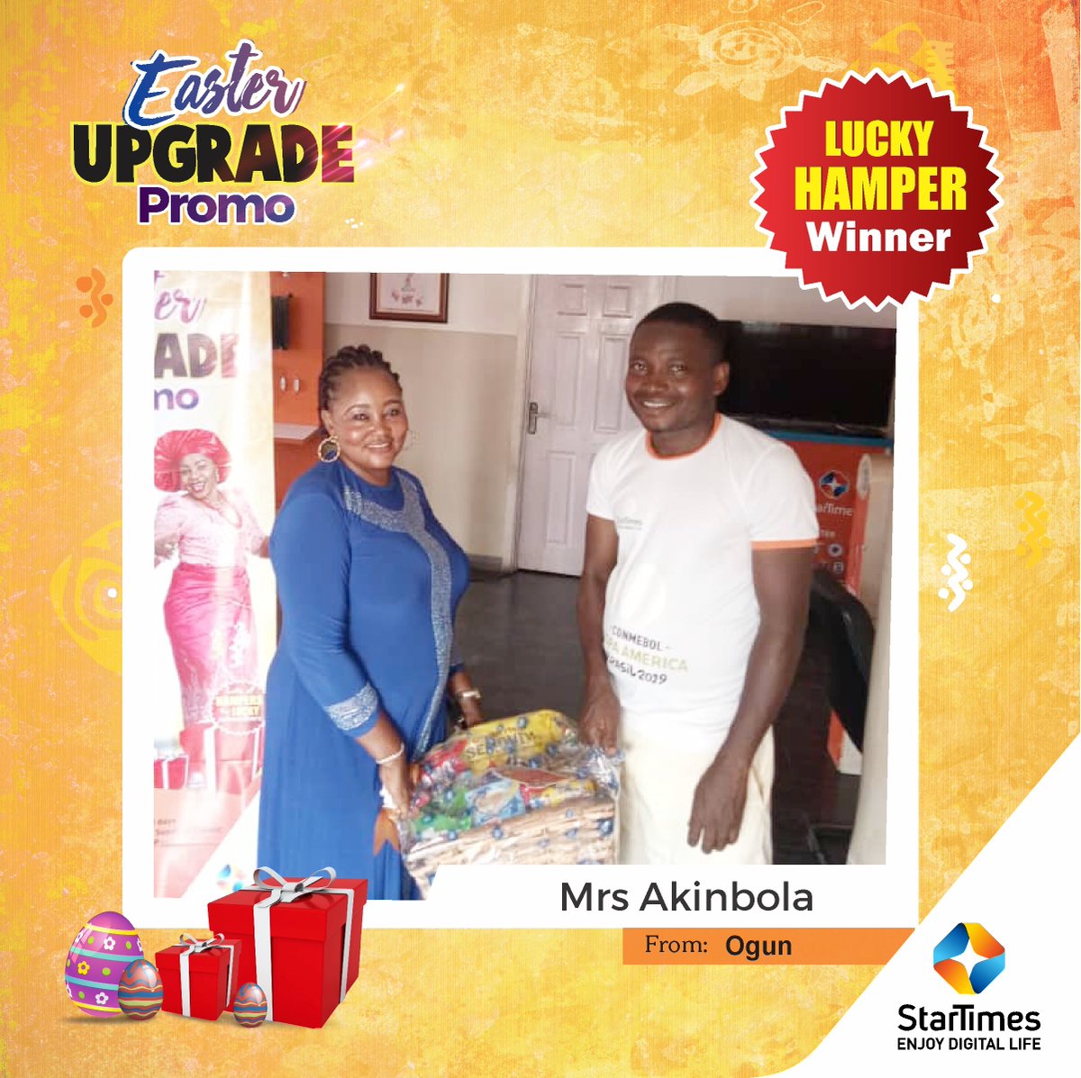 StarTimes_Ng's tweet photo. The #EasterUpgradePromo is still in full steam and more winners are emerging!
To stand a chance, recharge = 2 months on your current bouquet without a downgrade, and you have a chance to win!!
Recharge today.
#StarTimesCares #EasterUpgradePromo #Win https://t.co/ARQGZHByxA