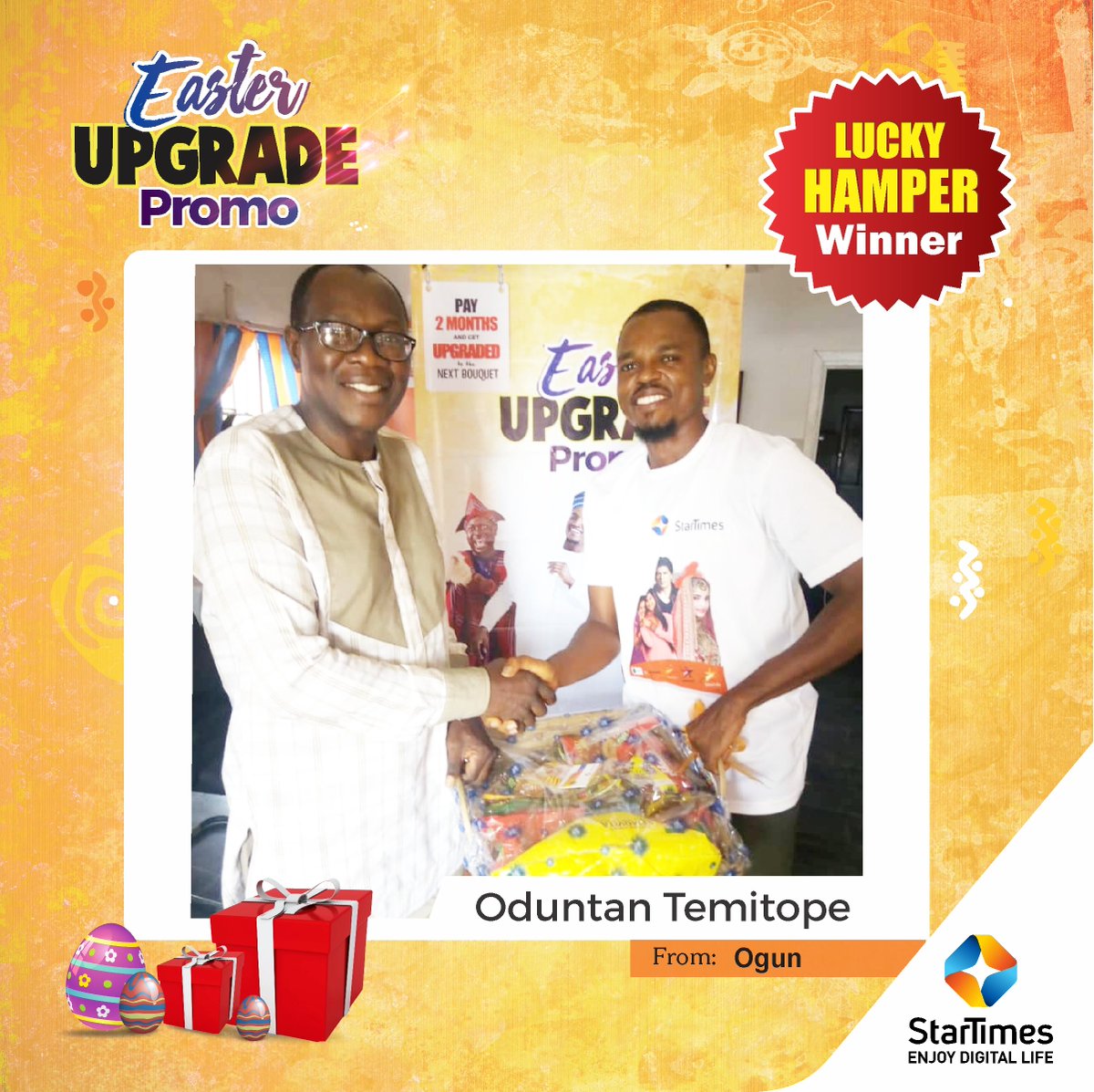 StarTimes_Ng's tweet photo. The #EasterUpgradePromo is still in full steam and more winners are emerging!
To stand a chance, recharge = 2 months on your current bouquet without a downgrade, and you have a chance to win!!
Recharge today.
#StarTimesCares #EasterUpgradePromo #Win https://t.co/ARQGZHByxA