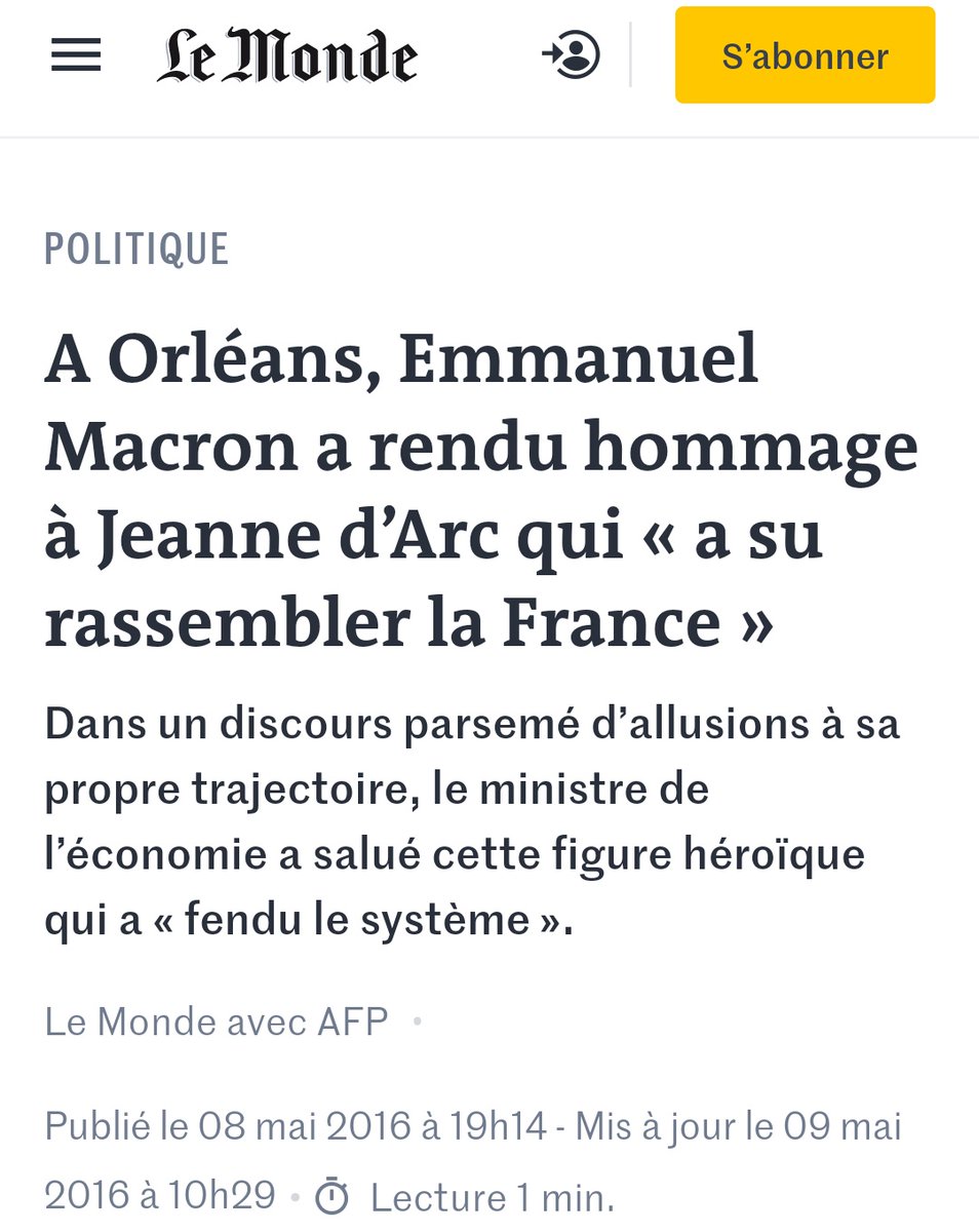 Un grand oubli dans ce (très) long fil de connivences de la Macronie avec LePen qu'il serait temps de réparer : oui, même l'hommage à Jeanne d'Arc, Macron l'a fait. #LREMFN95/ https://www.lemonde.fr/politique/article/2016/05/08/a-orleans-emmanuel-macron-a-rendu-hommage-a-jeanne-d-arc-qui-a-su-rassembler-la-france_4915603_823448.html