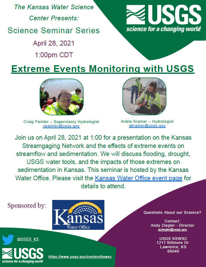 USGS_KS's tweet photo. Mark your calendars! On April 28 at 1p the @kswateroffice is hosting a presentation by KSWSC staff on the #Kansas #streamgaging network and the effects of #ExtremeEvents on #streamflow and #sedimentation.

Event Info: https://t.co/pst4kT4mnS
KSWSC Flyer: https://t.co/erJ3FDZaLt https://t.co/ONgspmoUbe