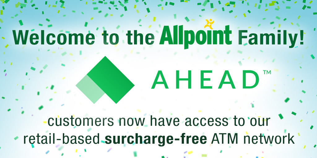 Cardtronics's tweet photo. Ahead Financials has joined the @Allpoint Network! @ahead_money's CEO @AnuShultes says, “Partnering with #Cardtronics underscores Ahead’s commitment to helping consumers build their financial resilience with fee-free access to their hard-earned money.” https://t.co/6fk7rwlXwQ https://t.co/CUad9k0dED
