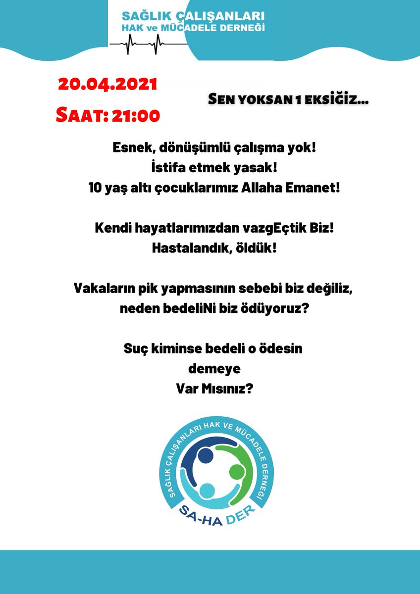 Torbadan sağlık çalışanlarına yine hüsran çıktı!
20.04.2021 Saat 21:00' de itirazı olan herkesi bekliyoruz!