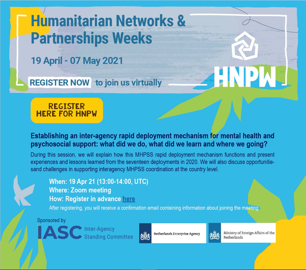 Worldwide, people affected by emergencies have to deal with mental stress.

Join us today at #HNPW to learn about the rapid deployment mechanism responding to short-term coordination needs for mental health and psychosocial support #MHPSS #HumanitarianWeek
us02web.zoom.us/meeting/regist…