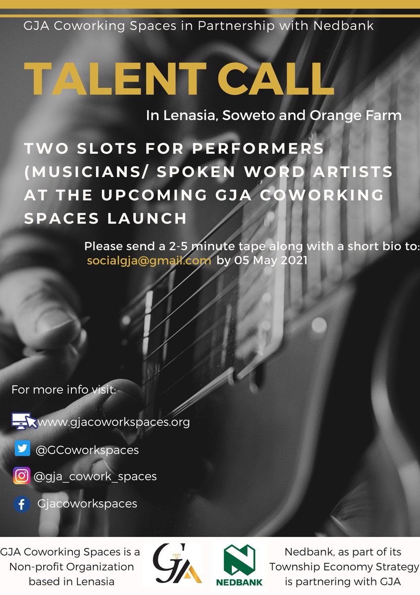 GCoworkspaces's tweet image. Calling ARTISTS based in Lenasia, Soweto and Orange Farm!

❓How do I get involved:
Simply email a 2-5 minute tape along with a short bio to socialgja@gmail.com by 05 May 2021. 

#NPO #smallbusinesssupport #soweto #lenasia #OrangeFarm #artistsupport
#SpokenWord
