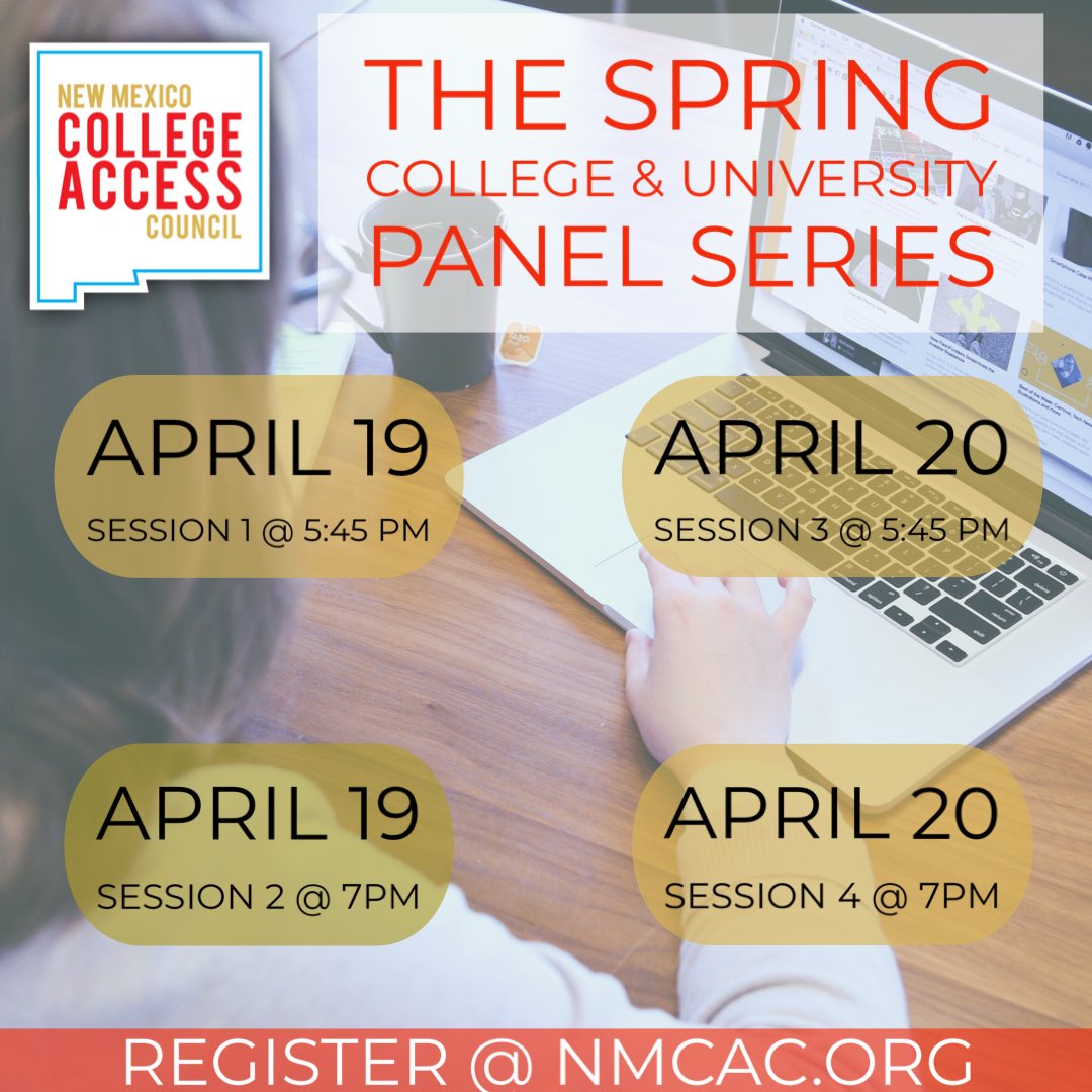 nmcollegeaccess's tweet photo. Hello New Mexico! Today is the 1st day for the NMCAC spring Panel Sessions! Please visit the @nmhighered page to sign up for your session links! See you all today! #nmcac #springsession #newmexicotrue #highereducation 

https://t.co/aRs5EnNmU6 https://t.co/LpGxCpMerh