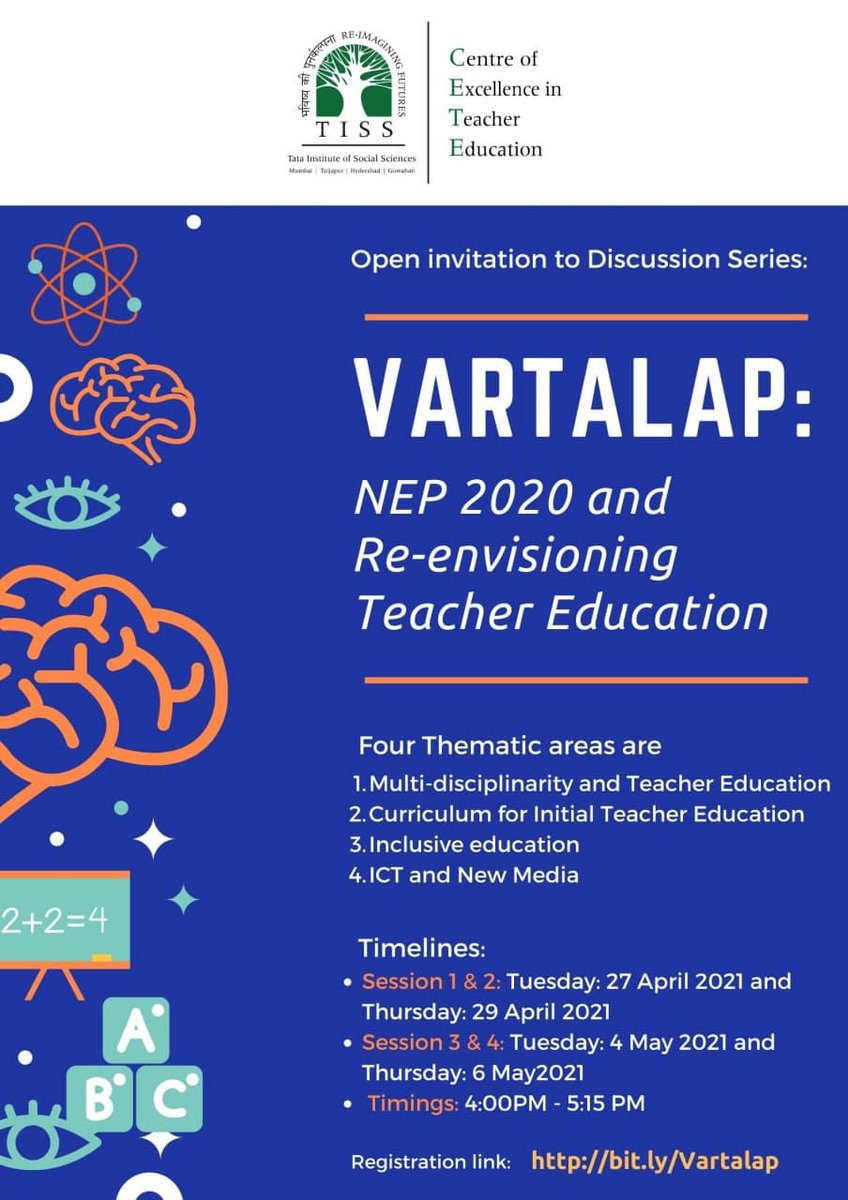 cete_tiss's tweet photo. Announcing a new #discussionseries centered around #TeacherEducation @TISSpeak !
 #TeacherEducators we invite you to explore 4 themes centered around #NEP2020 &amp; Re-envisioning Teacher Education.
Register now- https://t.co/N0E5osiMAZ
#education #TISS #CETE https://t.co/Z06UX0FhLu